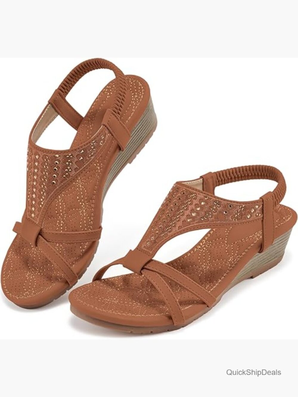 Faux Leather Wedge Sandals with Rhinestones, Elastic Ankle Strap, Open Toe
